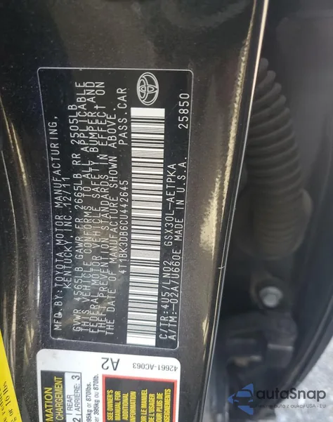 2012 Toyota Avalon Base z USA, uszkodzony, nr VIN 4T1BK3DB6CU442645